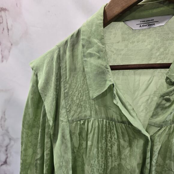 & Other Stories Shirt Womens Medium 8 Green Peasant Blouse Renaissance Satin - Picture 2 of 13